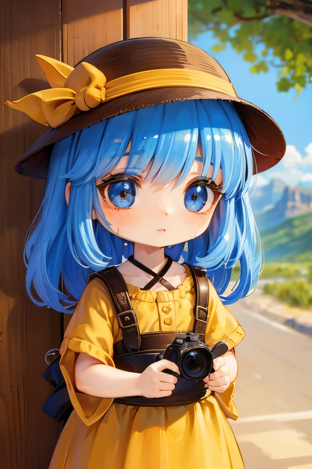 Chibi Girl、Walking along a straight road in Valley of Fire State Park、hat、Sweat、heat haze、No green、I can see a big rock mountain、Very detailed、Ultra-realistic、Photorealistic、8K、Hyperrealistic、masterpiece、Beautiful detailed eyes、Beautiful detailed lips、Very detailedな顔、Long eyelashes、Beautiful young girl、Calm expression、Warm colors、Beautiful lighting、Cinematic、Intricate details、Bright colors、Soft Focus、Depth of written boundary