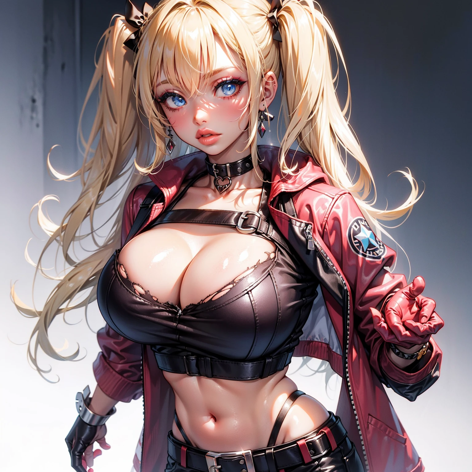 best quality,masterpiece,HDR,UHD,8K,masterpiece,Highly detailed,1girl,short hair,(upper body:1.1),detailed face,simple background,dress,medium size breasts,bare shoulders,girl,solo,blonde hair,twintails,jacket,short shorts,pantyhose,torn pantyhose,crop top,torn clothes,blood,clothes writing,makeup,blue eyes,eyeshadow,blue hair,midriff,navel,gloves,fishnets,multicolored clothes,belt,bracelet,spiked bracelet,multicolored hair,collar,graffiti, huge gigantic boobs, big juicy lips, Harley Quinn white face make up,