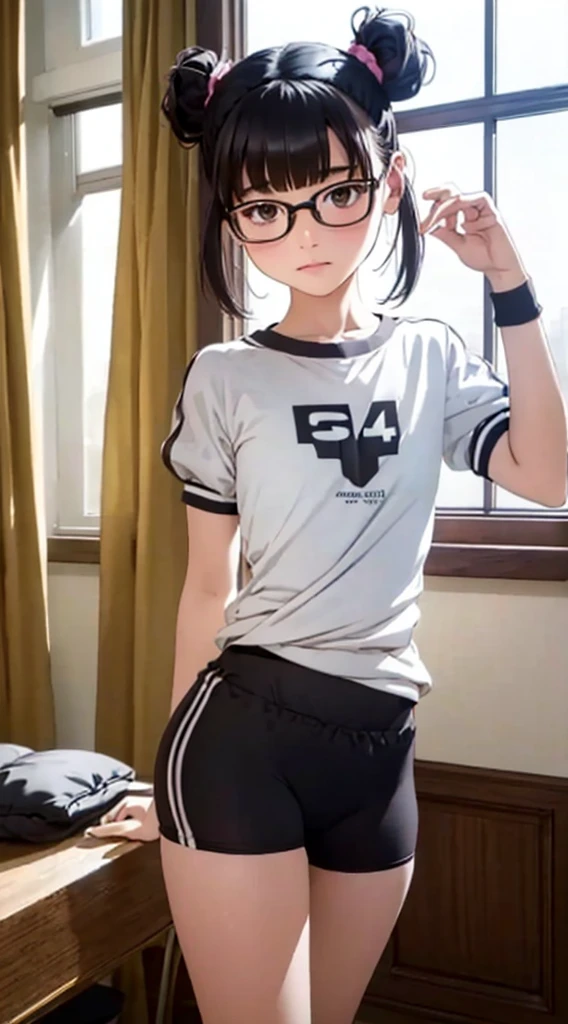 (Tabletop, Highest quality, Capture the cutest moment, Depth of written boundary, Ultra-detailed, Ultra-high resolution, C4D, Octadale, 3D Modeling, 8K, 16K, One Girl,Middle school students, small ,Black-haired,short hair,Straight Hair,Light brown eyes,White headband,Wearing black glasses,Cute face), See-through gym clothes、bloomers、Shabby room,knight,Moonlight, Recall,