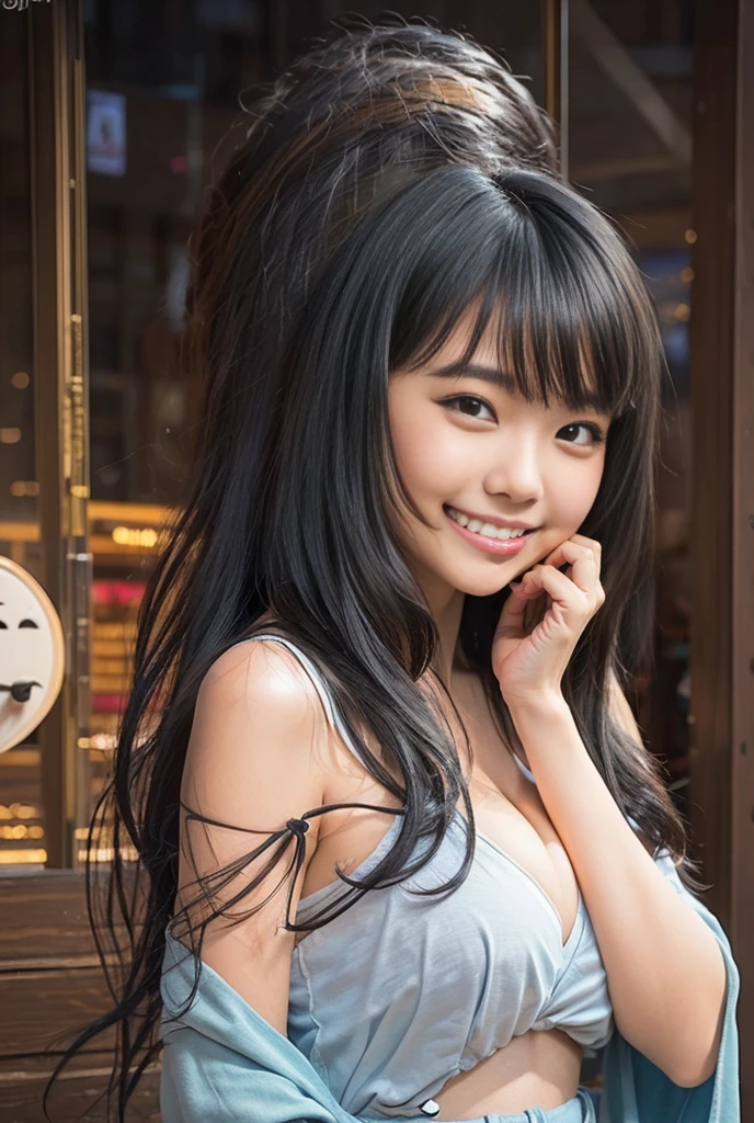 (8K、Raw photography、Highest quality、masterpiece:1.2),(Black Hair、Dark Eyes:1.9),(:1.6)、View your audience,Viewed from the front,White skin,(:1.4)、(Tight waist:1.6)、(Clothes that accentuate the shape of the breasts:1.0)、(Big Breasts :1.3)、Slim figure、Ultra-high resolution,beautiful,beautiful fece,(One person、No background:1.9),whole bodyボディー,Japanese women,(reality的:1.37)、Photon Mapping,reality、(Baby-faced and cute: 1.4)、(Cute Smile: 1.8)、(Round face: 1.8)、Radio City、Physically Based Rendering、Depth of field rally background、photograph, (:1.8),(:1.6),whole body、Great quality