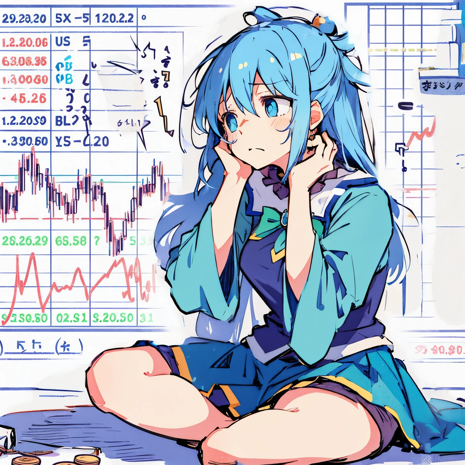 aqua \(Konosuba\)、Sitting and holding his head、Flat fills、A look of despair