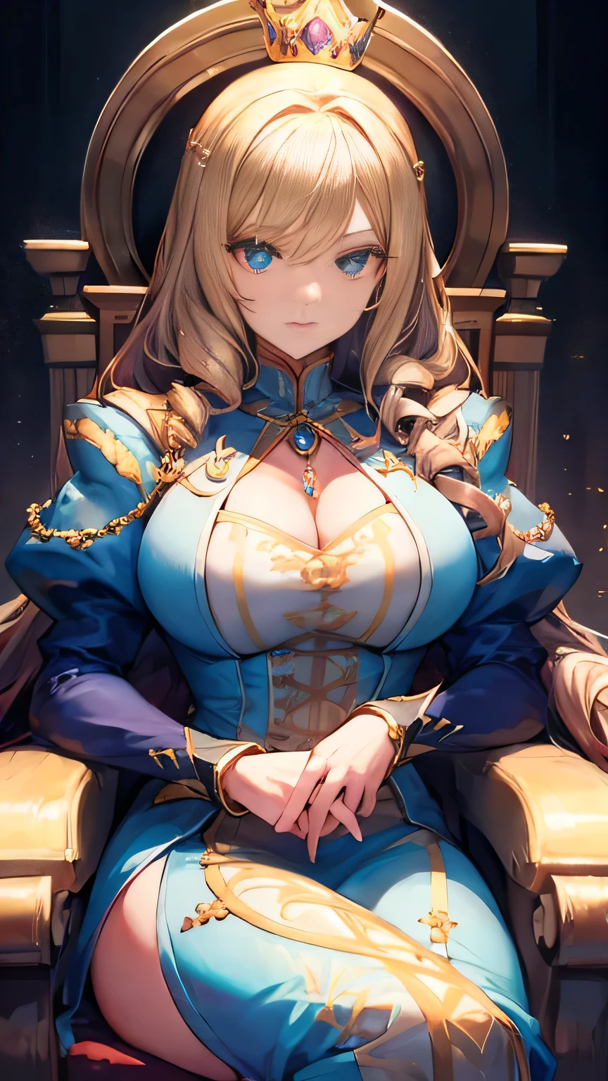 blonde hair, (quad drills), crown, sparkle, ((masterpiece)), accurate, high details, (detailed eyes), best quality, highres, super detail, European noblewoman, princess, sitting on the throne, Blue Sapphire Necklace, Shining Throne