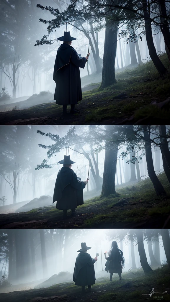 白い梟が飛んでいる, in the misty Hogwarts forest at night,Photorealistic, precise and high quality,Covered in white mist