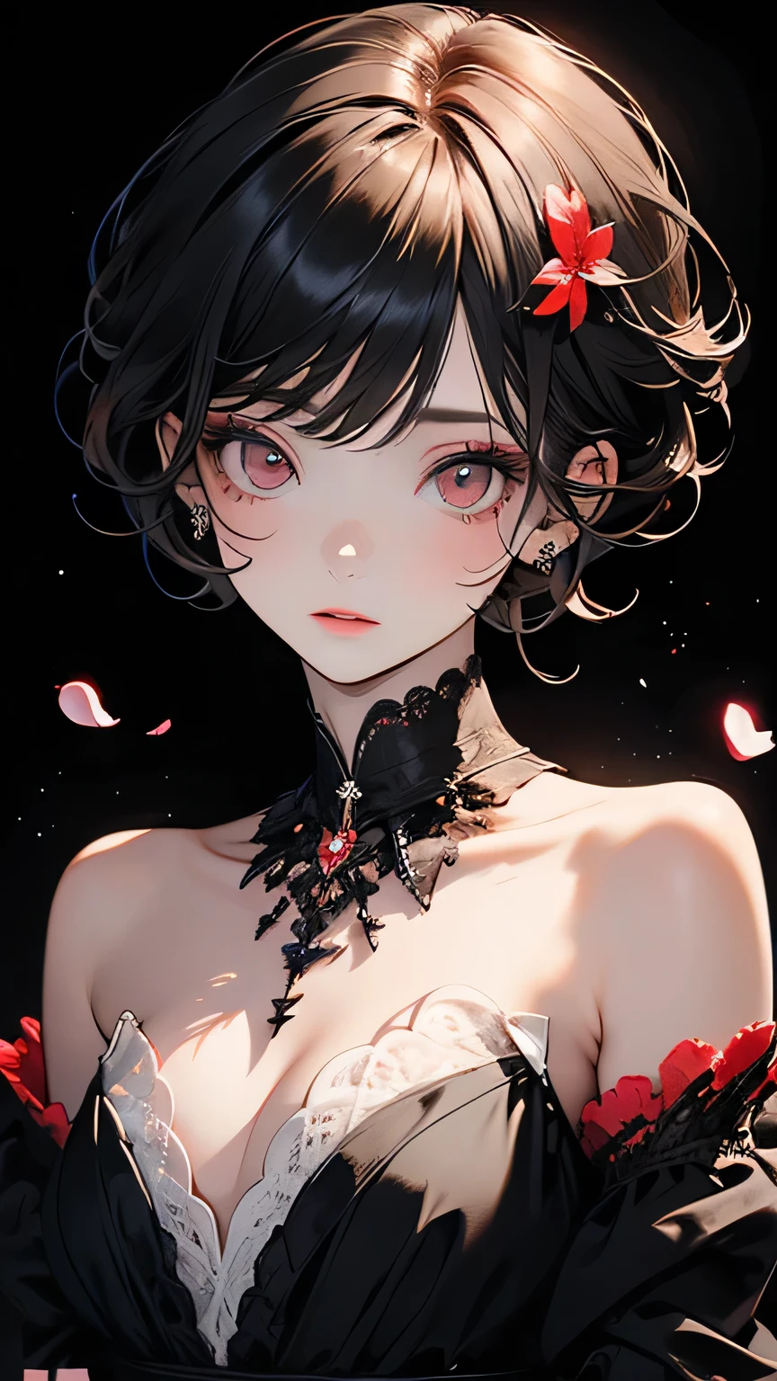 ((masterpiece,Highest quality)),One girl,Beautiful attention to detail, Detailed face, (whole body:1.2), White short hair, Red eyes,Mid-chest, (Black background:1.2), petal, Shadowed face, 