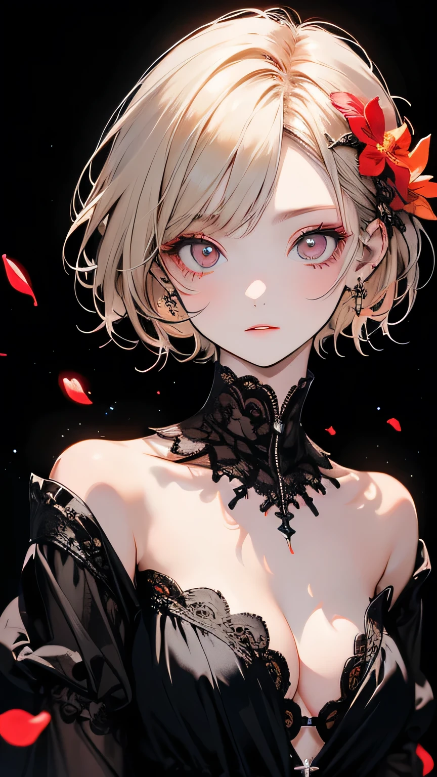 ((masterpiece,Highest quality)),One girl,Beautiful attention to detail, Detailed face, (whole body:1.2), White short hair, Red eyes,Mid-chest, (Black background:1.2), Blood particles, Shadowed face, 