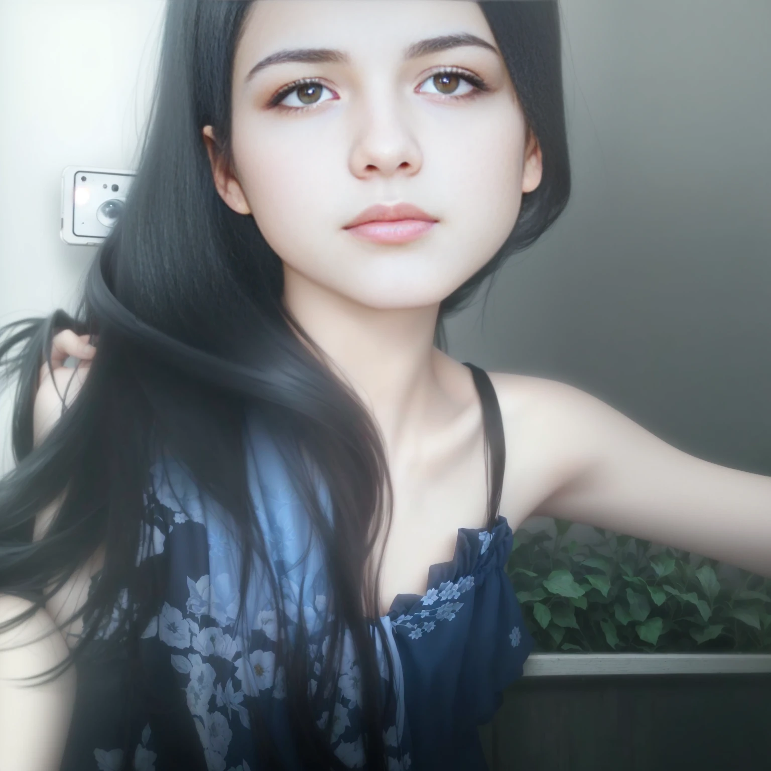 there is a woman with long black hair posing for a picture, with straight black hair, with very thin lips, 15 years old, with long hair, small breasts, selfie of a young woman, selfie photo, low quality photograph, with long black hair, she is about 1 3 years old, selfie, 1 3 years old, sexy face, low quality video, with black hair