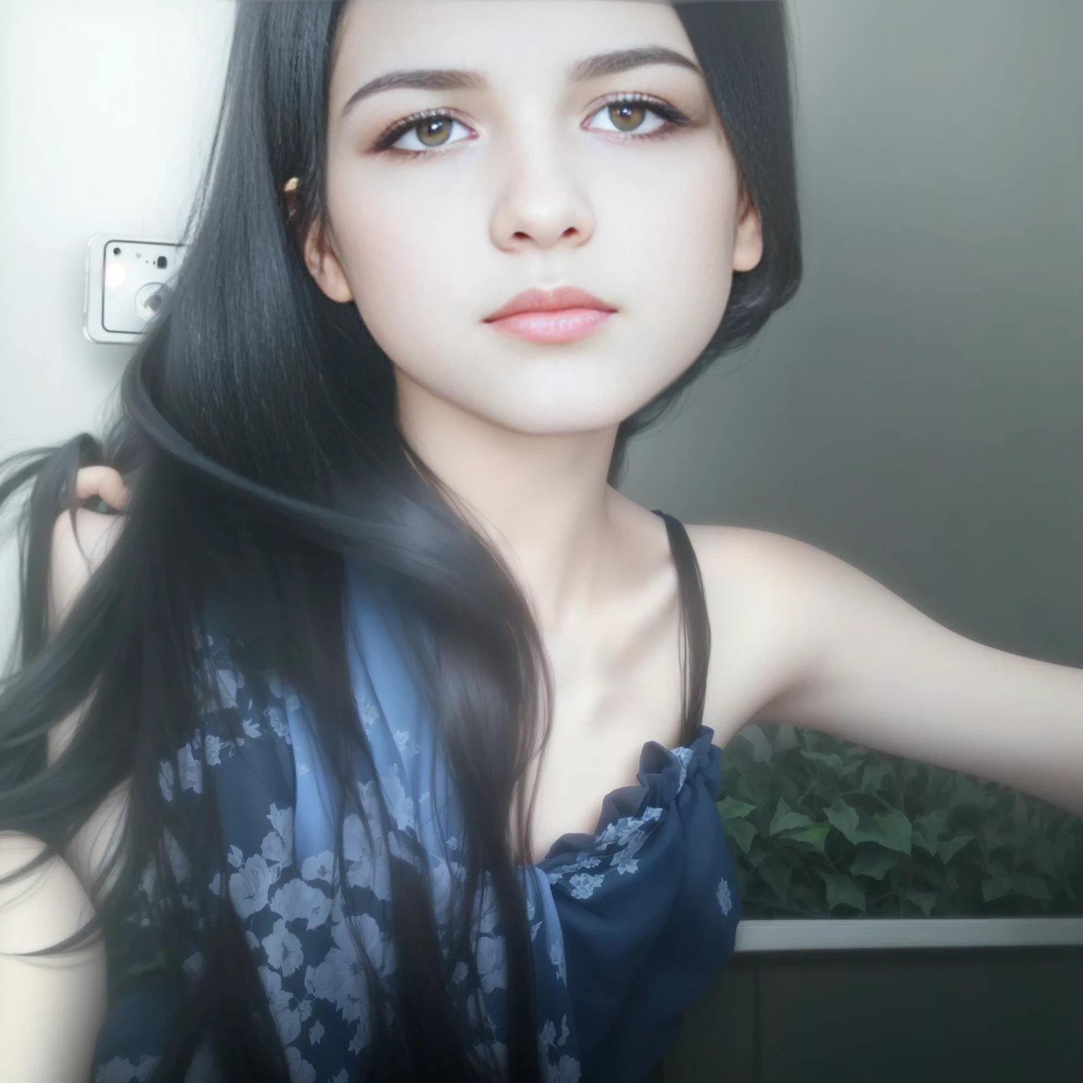 there is a woman with long black hair posing for a picture, with straight black hair, with very thin lips, , with long hair, small breasts, selfie of a young woman, selfie photo, low quality photograph, with long black hair, she is about 1 3 years old,3 years old, sexy face,y video, with black hair