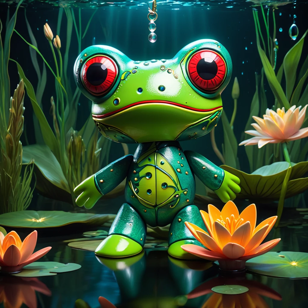 (knitted toy voodoo doll:1.9), (Voodoo Frog Water Master:1.3), (Clothing: watery cloak with ripple patterns:1.0), (Accessories: enchanted water orb emitting soft glow, levitating water droplets:1.1), (background: serene pond with floating lily pads, glowing plants, and spectral fish:1.2), best quality, masterpiece, detailed soft oil painting, detailed background, dramatic cinematic lighting, soft edge lighting, professional, dramatic lighting, hard edge lighting, ultra quality, 4k,masterpiece, best quality, 8k, ultra highres, highres, extremely detailed