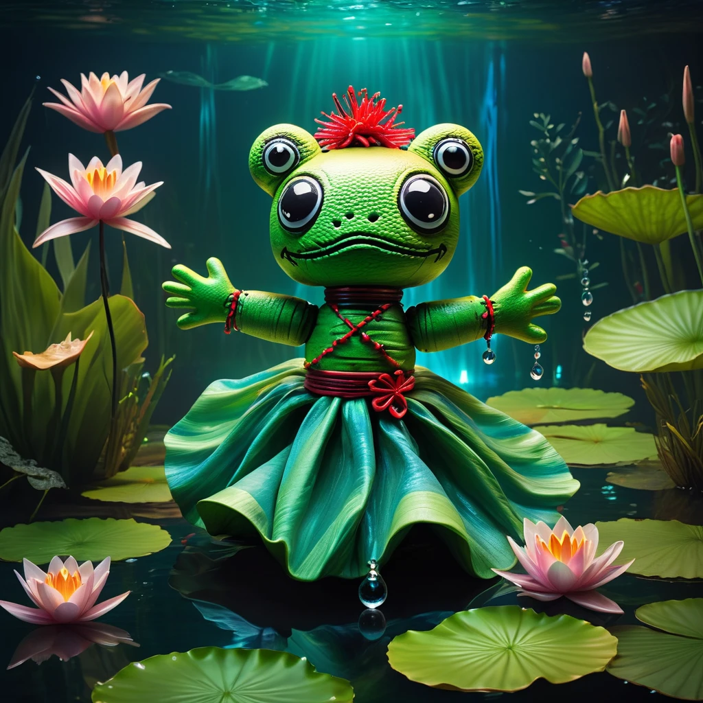 (knitted toy voodoo doll:1.9), (Voodoo Frog Water Master:1.3), (Clothing: watery cloak with ripple patterns:1.0), (Accessories: enchanted water orb emitting soft glow, levitating water droplets:1.1), (background: serene pond with floating lily pads, glowing plants, and spectral fish:1.2), best quality, masterpiece, detailed soft oil painting, detailed background, dramatic cinematic lighting, soft edge lighting, professional, dramatic lighting, hard edge lighting, ultra quality, 4k,masterpiece, best quality, 8k, ultra highres, highres, extremely detailed