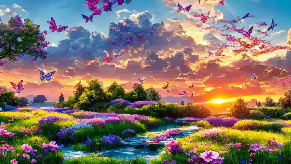Create a dream landscape, to relax, pace, with butterflies flying free, acqua, nature, relax, sunset, relaxing colors