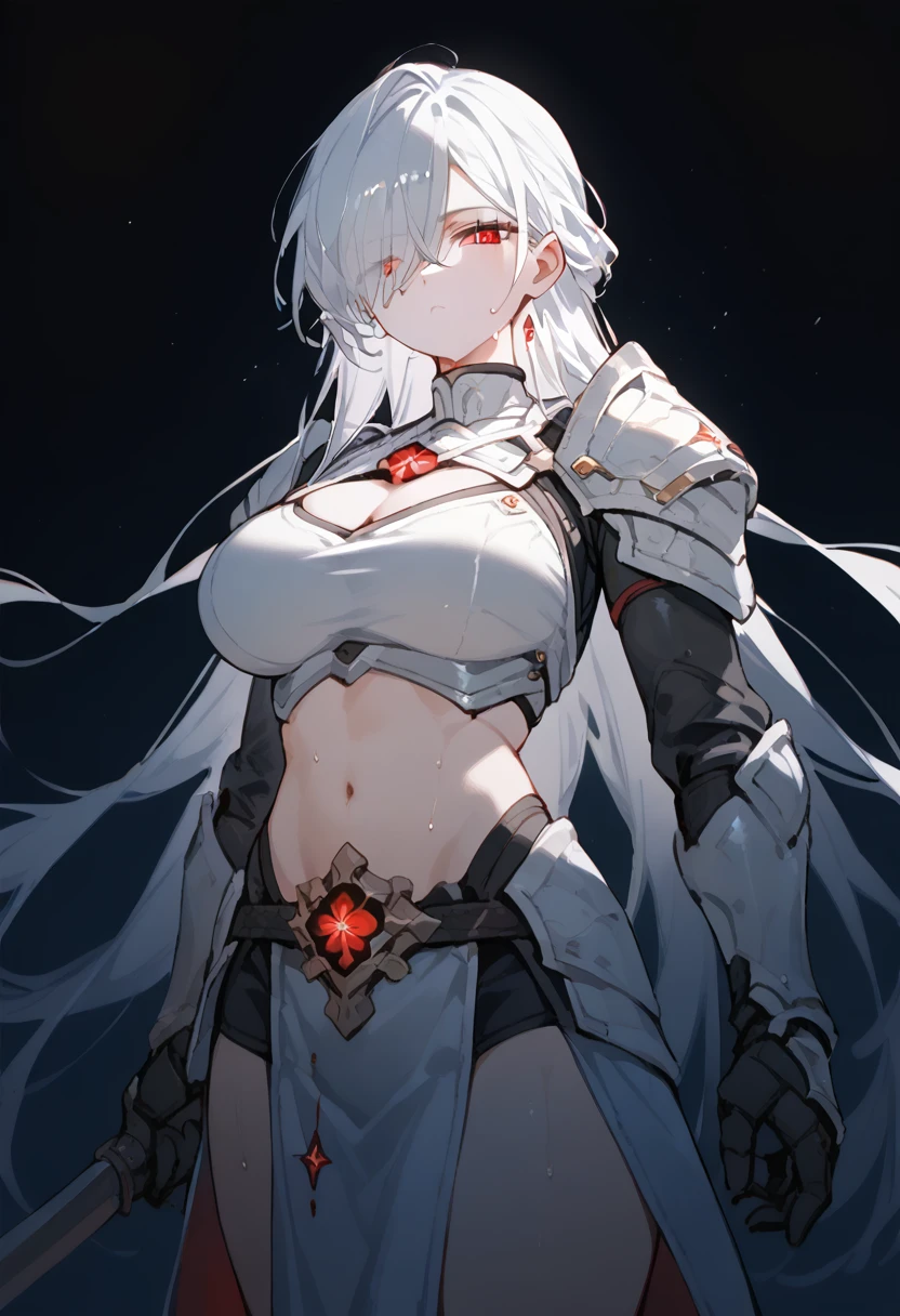 source_anime, 1girl, (white skin), white hair, hair over one eye, very long hair, red eyes, expressionless, armor, quiver, cleavage, midriff peek, pelvic curtain, sweat, large breasts, wide hips, (tall, slender), (curvy, toned:0.9), hand on hip, cowboy shot, 01da