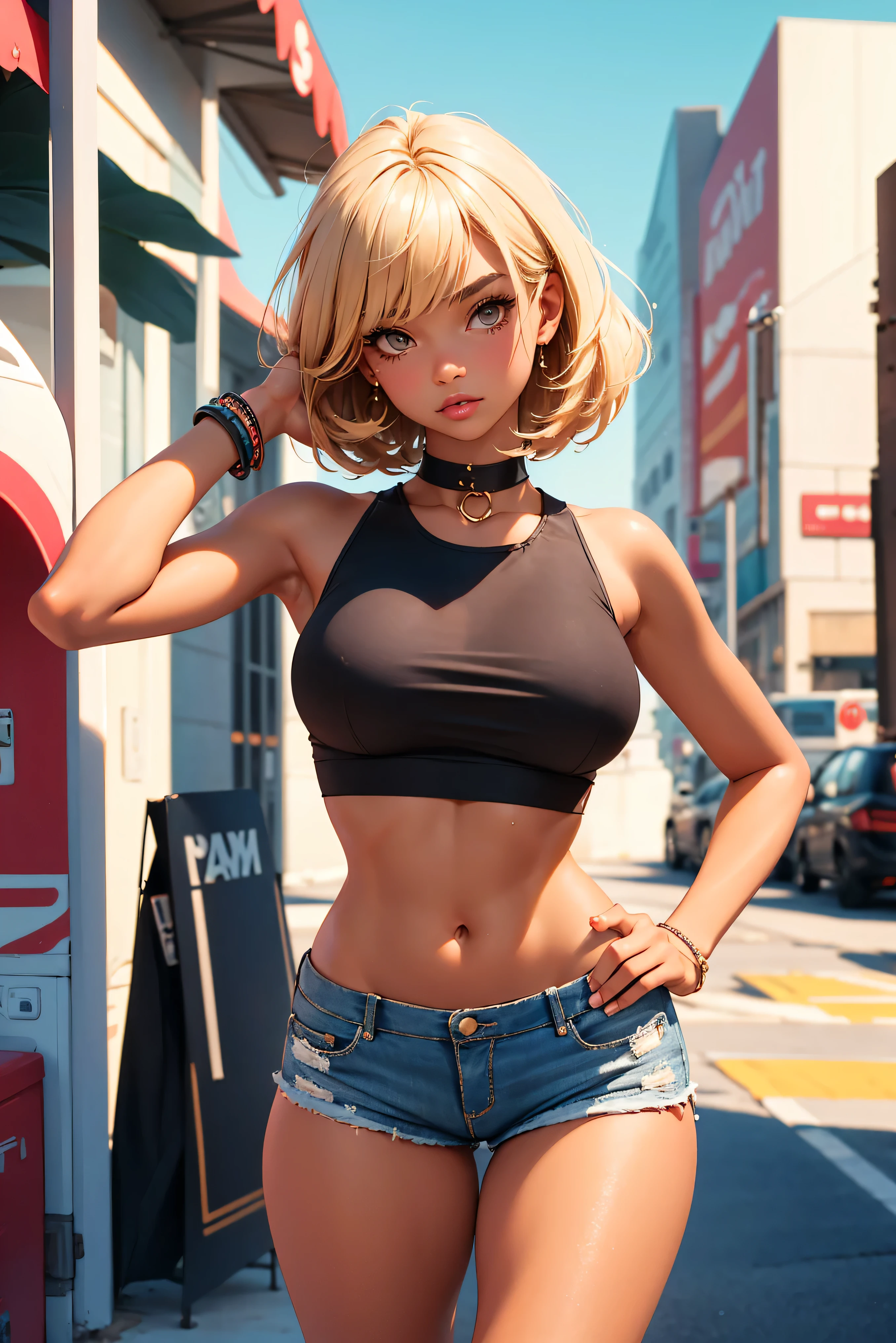 age girl-model 18 years old, hot slave naughty girl, beautiful, too much tanned, blonde, bob hair, bangs, brown eyes, beautiful figure, girl wearing crop shirt and too much short mini shorts, beautiful too much long legs, slave bracelets, slave choker, manicure, cute makeup, sweaty armpits, flirtatiously posing, hot summer, hot flirty, sexy posing, summer outfit, top quality, higest quality, pin-up style, retro 80s style, Daisy Dukes style, Miami vibes, Californian