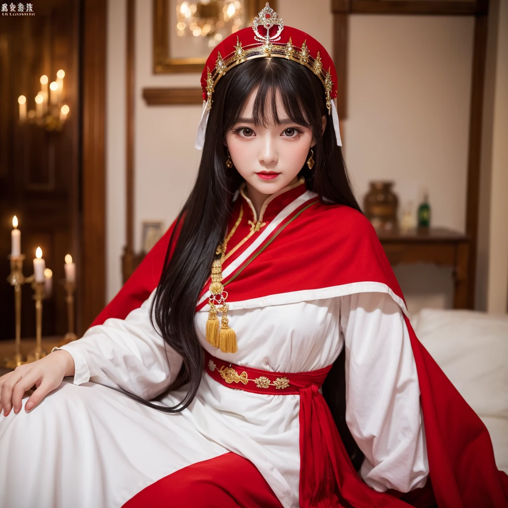 、Highest quality , sexy, Ultra-high resolution, RAW Photos, girl, indoor, White skin, Long Hair ,whole body,Black Hair、Red color clothes、Irish national costume、Red color crown、