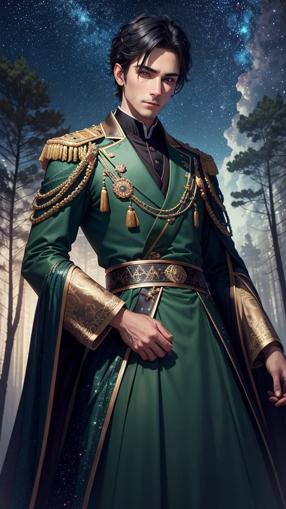 colorful forest, Sky with Stars,Glitter, a man ,face, man has short black Hair and green eyes, royal clothes