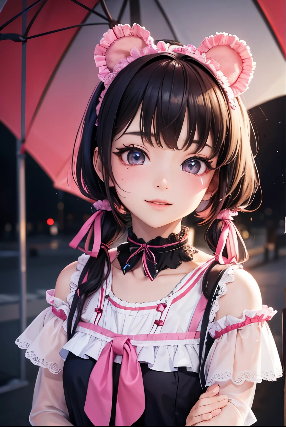 masterpiece, best quality, highly detailed, high resolution, expensive resolution, high resolution, 4k, 8k, uniform 8k wallpaper, highly detailed CG, masterpiece, 2d, 3d, beautiful details, depth, fine texture, best quality: 1.3, perfectly focused, sharp. skin, him, very cute anime girl, her name is Mei, short pigtails, idol, in the rain, expensive pink short pigtails, mole under eye, looking at the viewer, expensive, blush, mole, open lips, pink eyes, heart shaped choker, smiling face