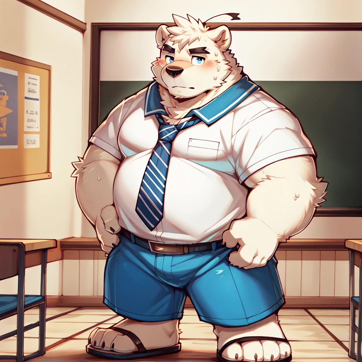 Scribble Golden Retriever face,Humanity(Golden Retriever),(Topless:1.3),Chubby,(Black eyebrows:1.1),(Perfect eyes),Golden fur,(artist:Takemoto Arashi),classroom,(White Fun Underwear:1.3),paw,(black beard:1.3),(Collar:1.3),(Hip bulge:1.3),(Tentacles:1.3),(Pull underwear with hands:1.4)