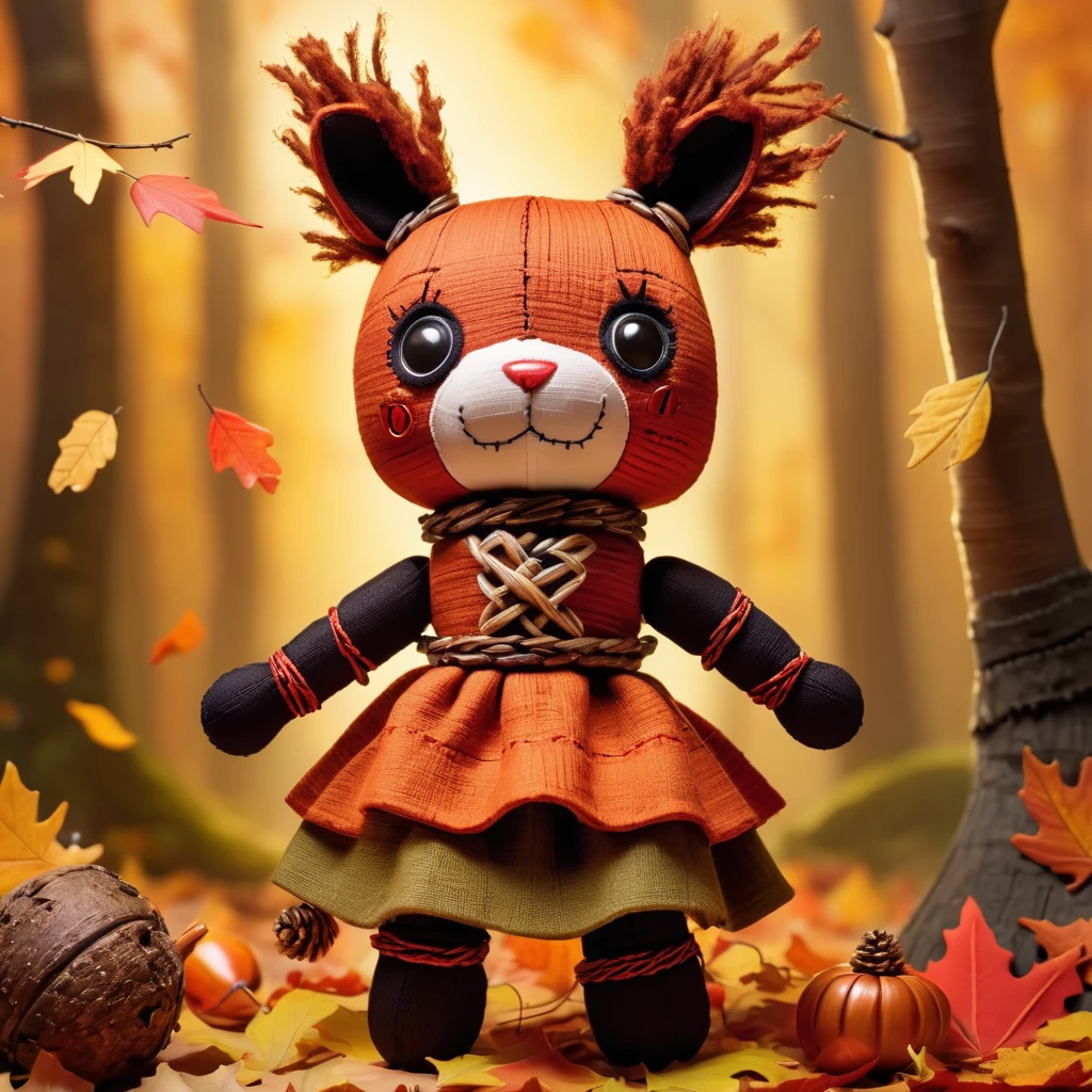 (knitted toy voodoo doll:1.9), (Voodoo Squirrel Nut Gatherer:1.3), (Clothing: forest tunic with acorn patterns:1.0), (Accessories: enchanted basket emitting a warm glow, levitating acorns:1.1), (background: autumn forest with falling leaves, glowing plants, and floating acorns:1.2), best quality, masterpiece, detailed soft oil painting, detailed background, dramatic cinematic lighting, soft edge lighting, professional, dramatic lighting, hard edge lighting, ultra quality, 4k,masterpiece, best quality, 8k, ultra highres, highres, extremely detailed