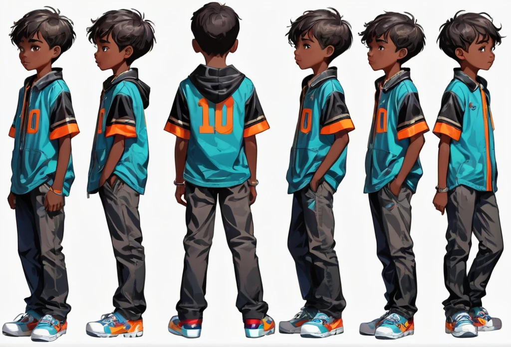 A boy of 10 years old standing, poses, different views point, different angle view, black skinned (masterpiece best quality:1.2) delicate illustration ultra-detailed, (no background) illustrations, bright, colourful,