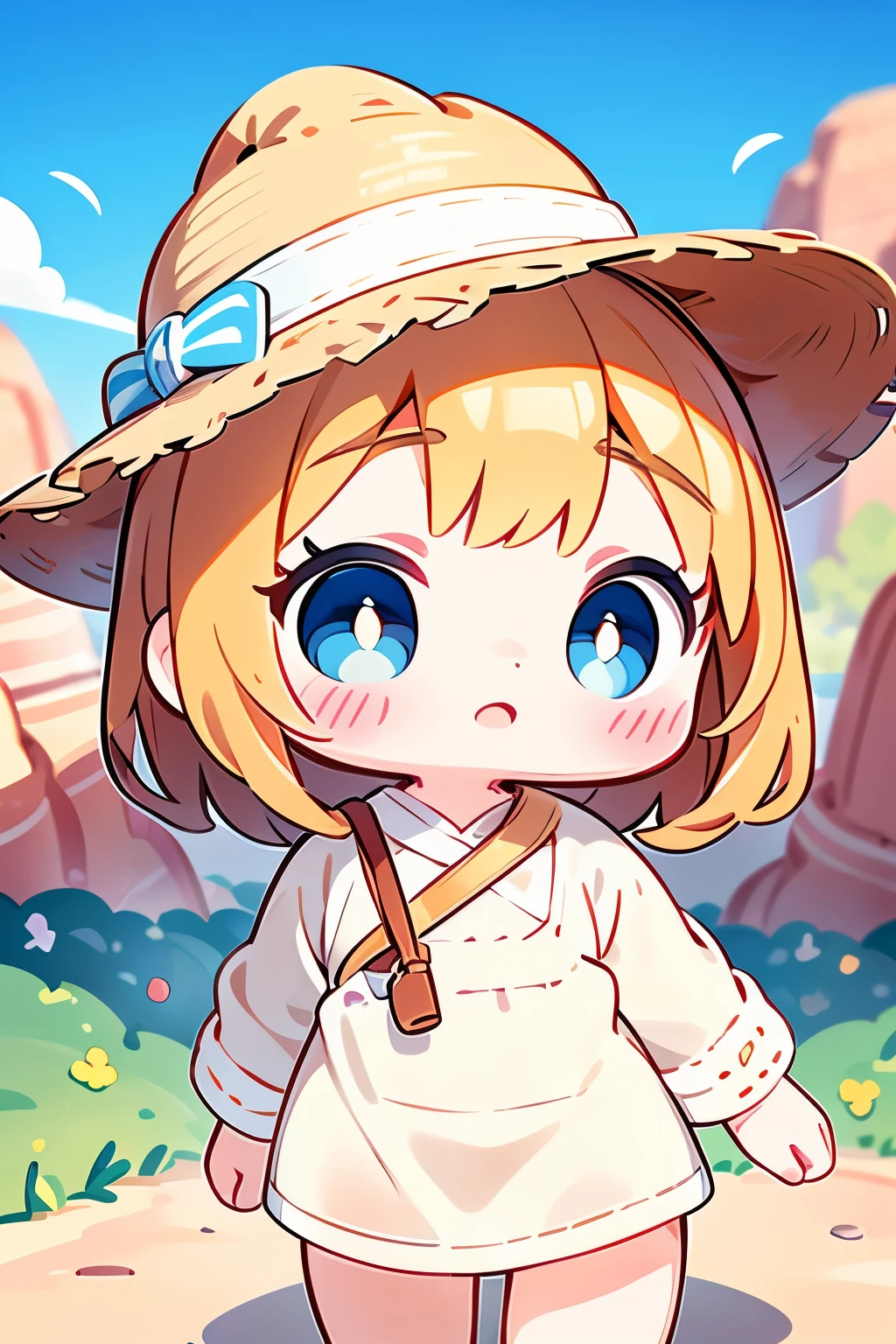 Chibi Girl、Walking along a straight road in Valley of Fire State Park、hat、Sweat、heat haze、No green、I can see a big rock mountain、Very detailed、Ultra-realistic、Photorealistic、8K、Hyperrealistic、masterpiece、Beautiful detailed eyes、Beautiful detailed lips、Very detailedな顔、Long eyelashes、Beautiful young girl、Calm expression、Warm colors、Beautiful lighting、Cinematic、Intricate details、Bright colors、Soft Focus、Depth of written boundary