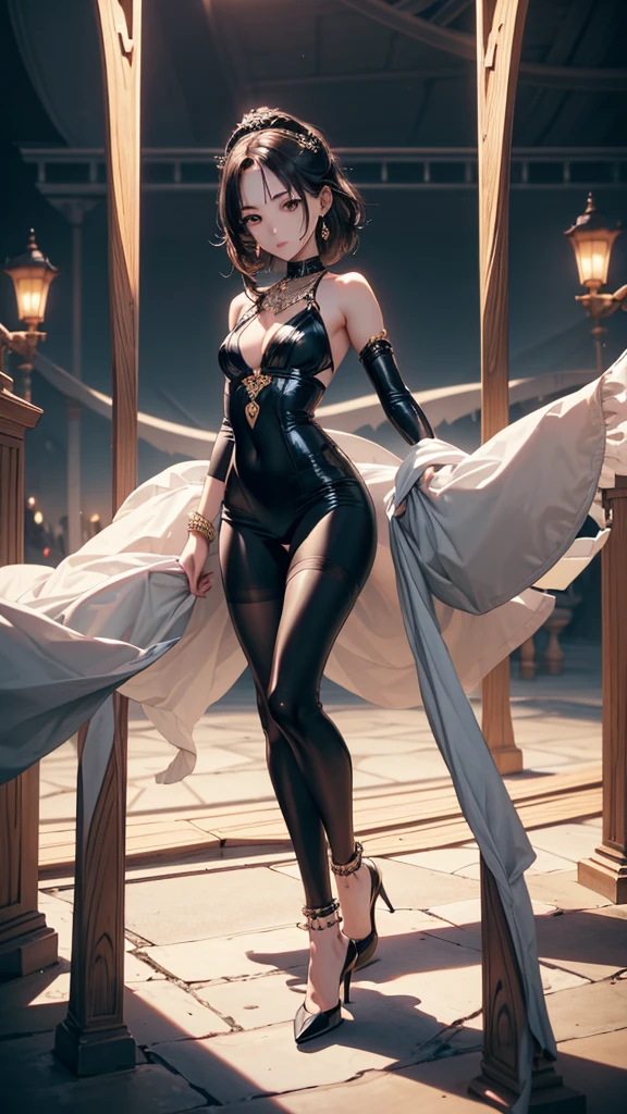((Biologically correct limb count))、((Full Body Shot, Full-body photo including face、Head to toe photos))、4K、masterpiece、((Focus on the face))、((Symmetrical facial features))、Eyes of meticulous depiction、One beautiful woman、Excellent style、（(Black latex tights、High heels with anklets)）、Detailed Description、Small earrings、necklace、Walking through the park early in the morning and posing for the camera、High angle、Looking up、Close-up photo of the whole body