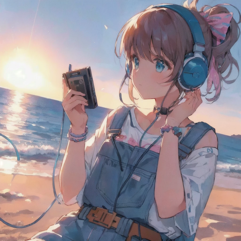 Anime girl listening to music on an old portable audio device by the water, A puzzled look,headphone,Anime atmosphere, Anime Style 4k, 80年代のAnime atmosphere, Sandy Beach,Lo-fi Girl, Nightcore, 4K Manga Wallpapers, A mix of anime style and Fujifilm, Anime Aesthetics, anime wallpaper 4k, anime wallpaper 4k, Lo-fi art style, 4k anime wallpaper, Ultra HD Anime Wallpaper