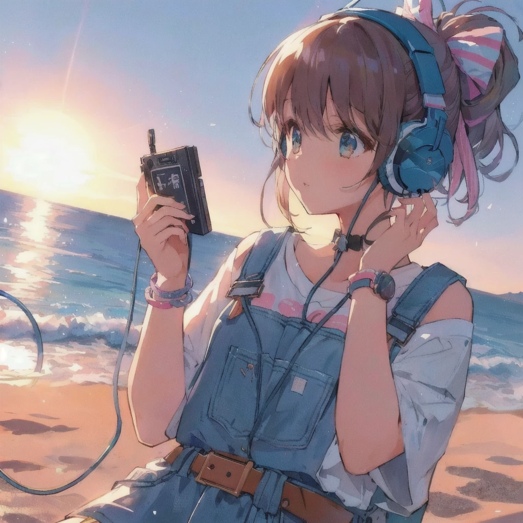 Anime girl listening to music on an old portable audio device by the water, A puzzled look,headphone,Anime atmosphere, Anime Style 4k, 80年代のAnime atmosphere, Sandy Beach,Lo-fi Girl, Nightcore, 4K Manga Wallpapers, A mix of anime style and Fujifilm, Anime Aesthetics, anime wallpaper 4k, anime wallpaper 4k, Lo-fi art style, 4k anime wallpaper, Ultra HD Anime Wallpaper