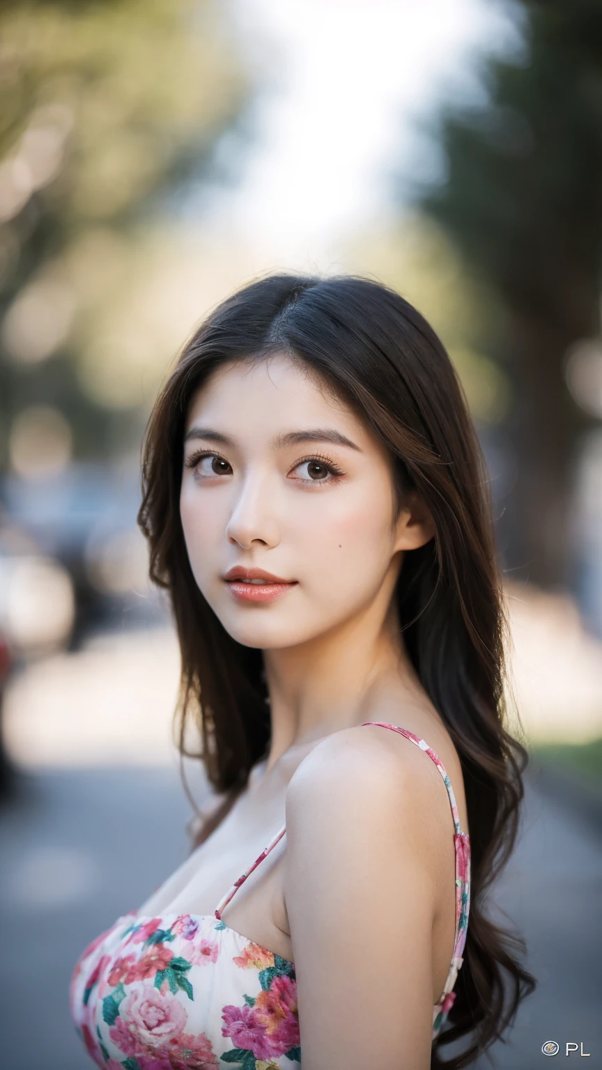 ((Best quality, 8K, masterpiece:1.3))，1girl，18 years old，Asian，Real texture:1.3，(Background blur:1.1)，Gorgeous long dress，Tall and slender figure:1.2，(Hot summer weather)，（street:1.3），Highly detailed face and skin textures，Exquisite eyes，Long eyelashes，Double eyelids，Skin Whitening，happy，Various postures，Big breasts