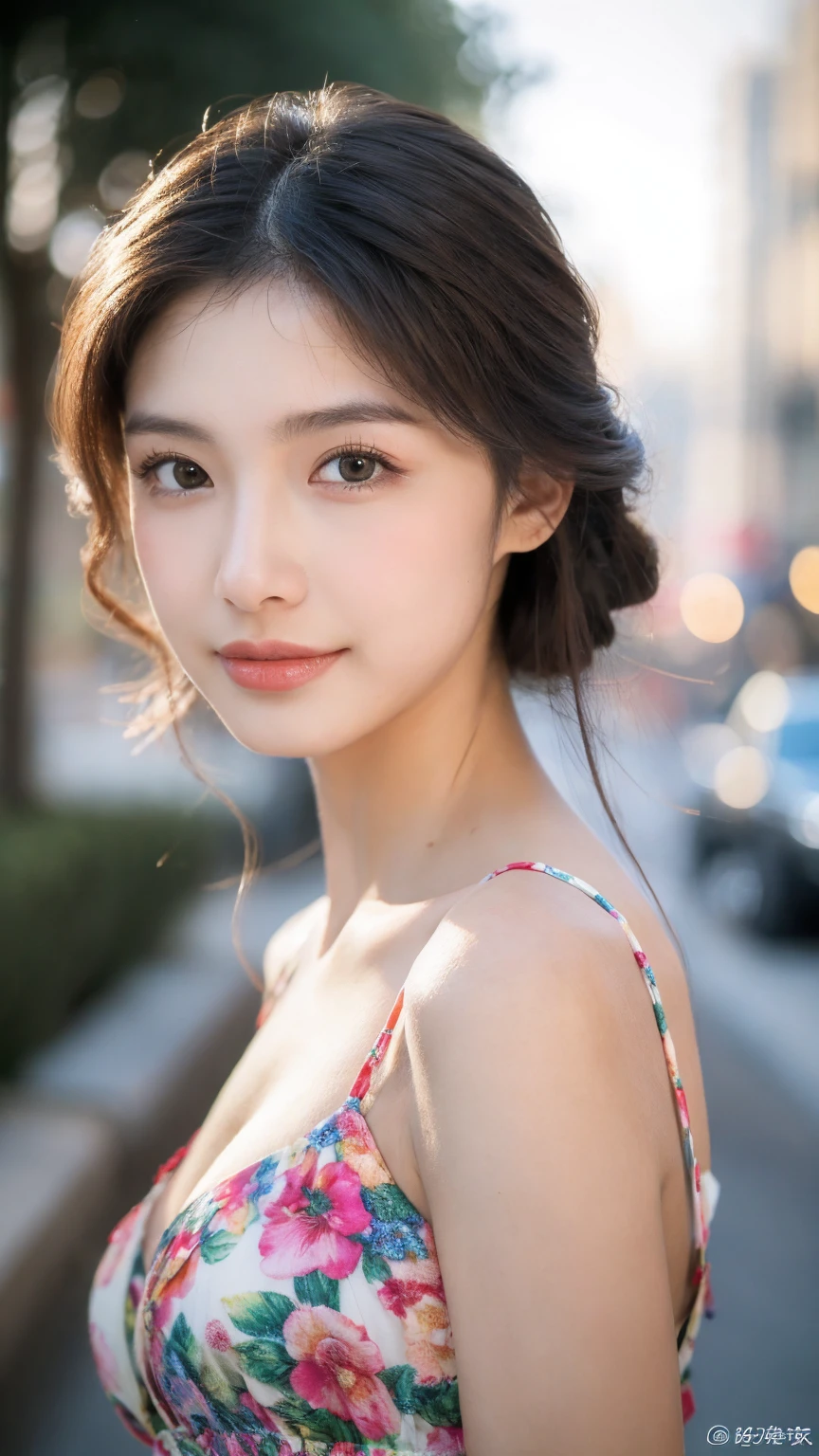 ((Best quality, 8K, masterpiece:1.3)),1girl,18 years old,Asian,Real texture:1.3,(Background blur:1.1),Gorgeous long dress,Tall and slender figure:1.2,(Hot summer weather),(street:1.3),Highly detailed face and skin textures,Exquisite eyes,Long eyelashes,Double eyelids,Skin Whitening,happy,Various postures,Big breasts