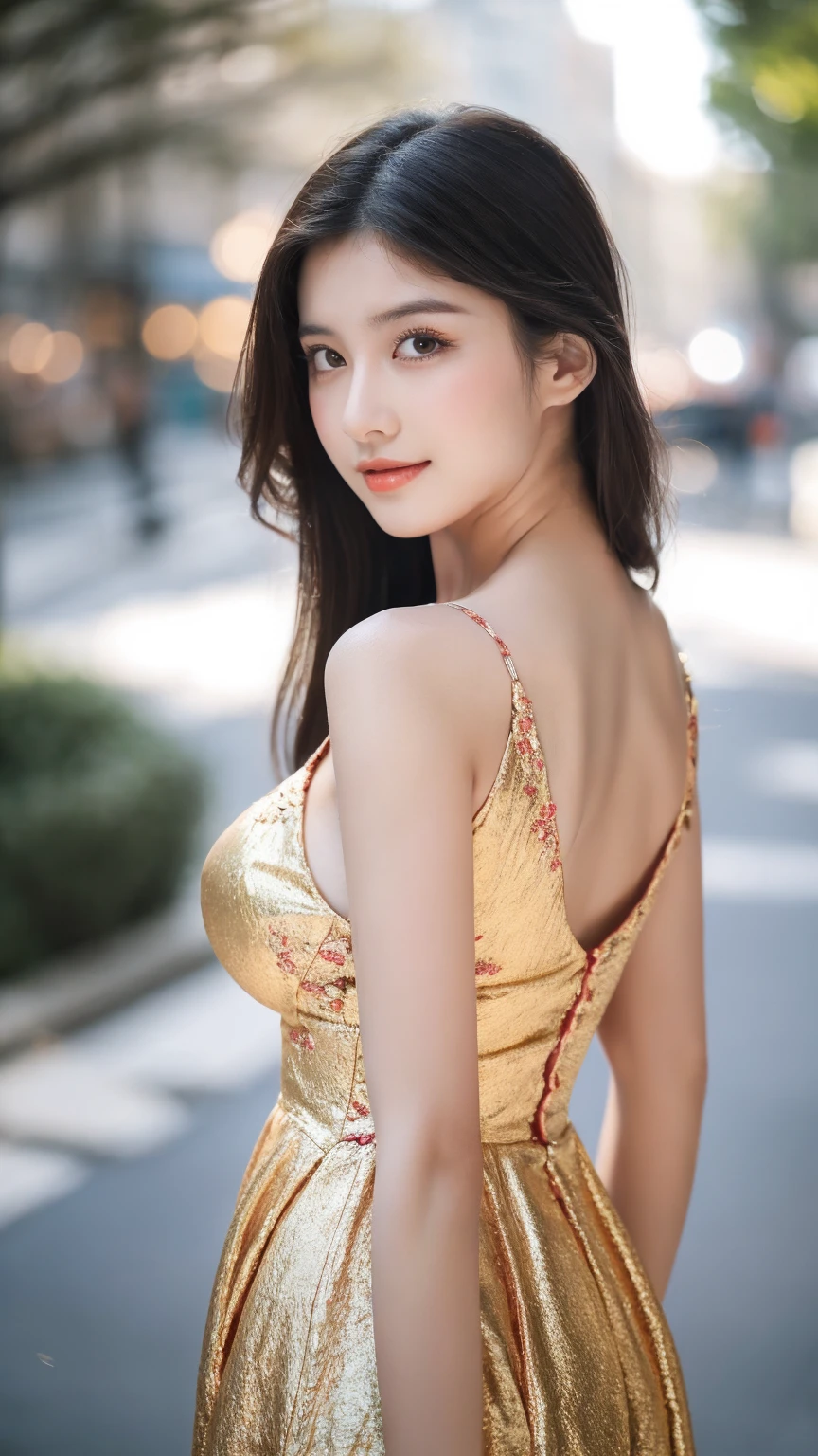 ((Best quality, 8K, masterpiece:1.3)),1girl,18 years old,Asian,Real texture:1.3,(Background blur:1.1),Gorgeous long dress,Tall and slender figure:1.2,(Hot summer weather),(street:1.3),Highly detailed face and skin textures,Exquisite eyes,Long eyelashes,Double eyelids,Skin Whitening,happy,Various postures,Big breasts