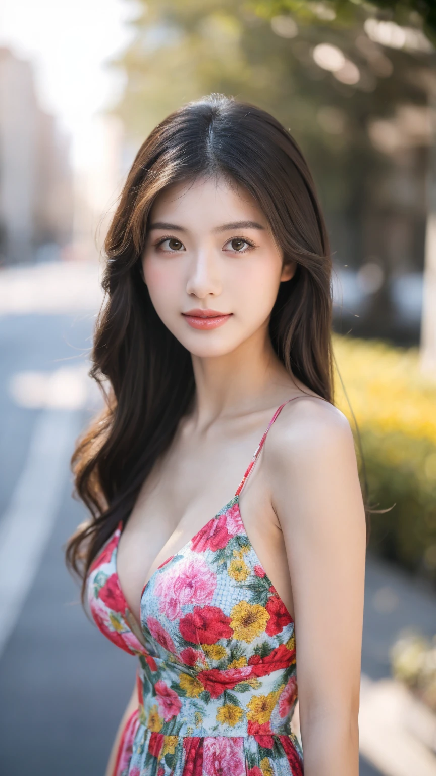 ((Best quality, 8K, masterpiece:1.3)),1girl,18 years old,Asian,Real texture:1.3,(Background blur:1.1),Gorgeous long dress,Tall and slender figure:1.2,(Hot summer weather),(street:1.3),Highly detailed face and skin textures,Exquisite eyes,Long eyelashes,Double eyelids,Skin Whitening,happy,Various postures,Big breasts