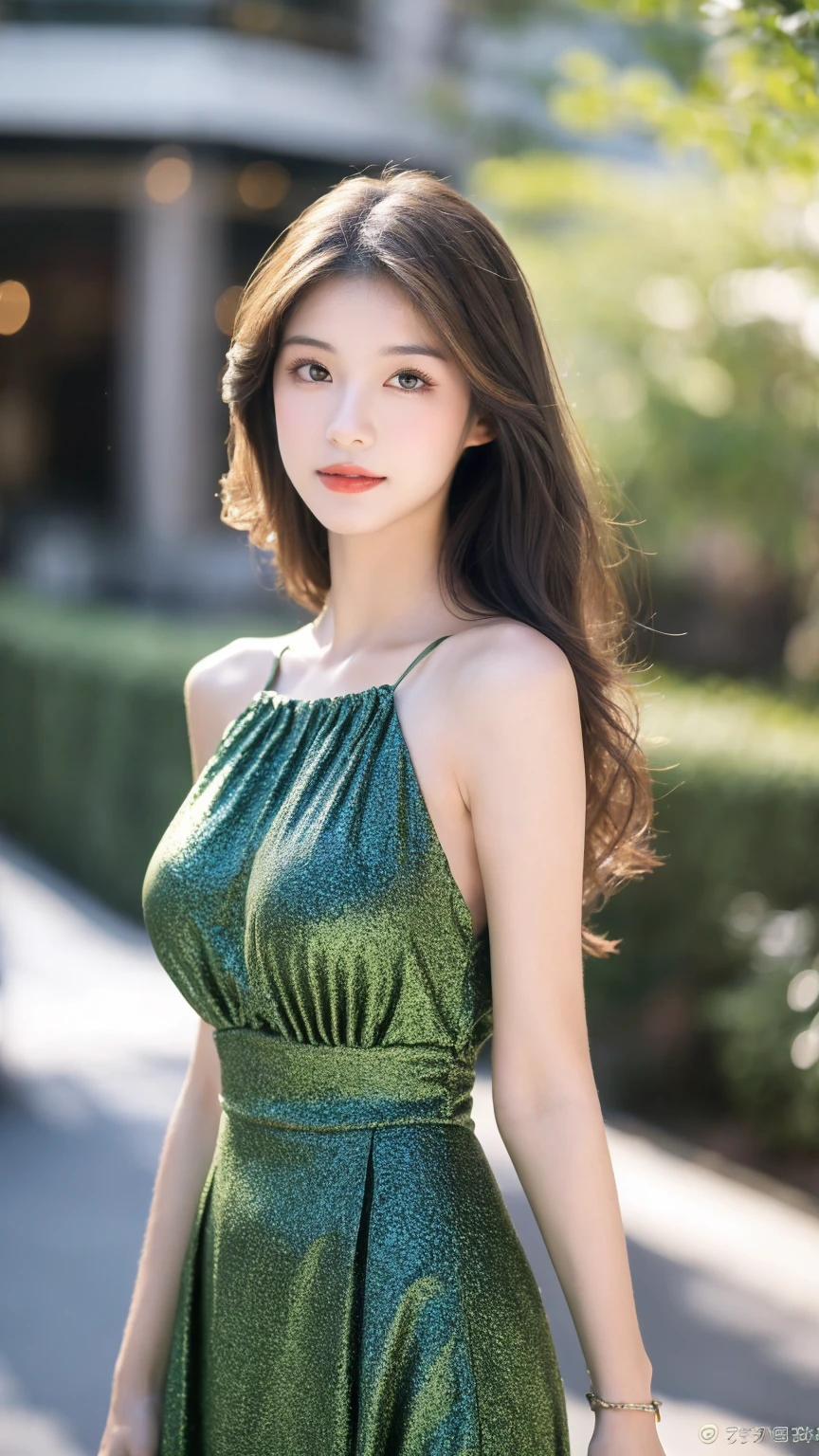 ((Best quality, 8K, masterpiece:1.3))，1girl，18 years old，Asian，Real texture:1.3，(Background blur:1.1)，Gorgeous long dress，Tall and slender figure:1.2，(Hot summer weather)，（street:1.3），Highly detailed face and skin textures，Exquisite eyes，Long eyelashes，Double eyelids，Skin Whitening，happy，Various postures，Big breasts