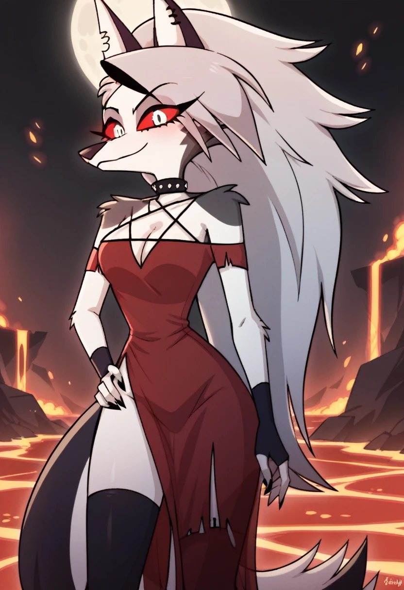 score_9, score_8_up, BREAK, source_anime, (1girl, solo), uncensored, perfect body, slim, thigh highs, fingerless gloves,
anthro, furry, pose, cleavage, blush, evil smirk, hell, lava, burning, buildings in background, full moon, sexy pose, sexy red gown
Loona \(Helluva Boss\), 