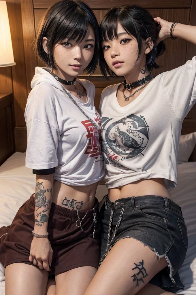 (Tabletop:1.2, highest quality:1.2), 32K HDR, High resolution, ((対照的なTwo Women)),((Two Women:1.5)),((On the bed)),)(On the bedに横たわるTwo Women),(求め合うTwo Women), (激しく愛し合うTwo Women), (愛し合うTwo Women), (With two people,Two Women),((愛し合うTwo Women)), ((抱き合うTwo Women)), (見つめ合うTwo Women),(Two Women),(Black Hairの女性とScarlet Hairの女性), ((Scarlet Hair,Red color hair:1.2,,short hair,Shaggy,Messy Hair,)),((Black Hair,Beautiful straight black hair,Beautiful white skin,ponytail)), ((Arms covered in tattoos:1.2)),((全身をA body covered in tattoos:1.2)), ((A body covered in tattoos:1.2)),((Dragon Tattoo)),((Lotus tattoo)),chest, Messy Hair, Bedhead, tongue,( chestの谷間:1.35), Detailed skin texture, Detailed face, Moist eyes,(forward leaning posture:1.1),((Collar with leash)),((Collar with name)),(Woman in Chains),(A woman kept like a dog),((Constraints)),Women in ecstasy,climax,Acme,((ruins)),((Stone wall)),((Dimly lit room)),((Dizzy lights)),((Sailor suit)),((chestを揉む)),An oversized black t-shirt with open shoulders,Dark mini skirt,(Deep Kiss),