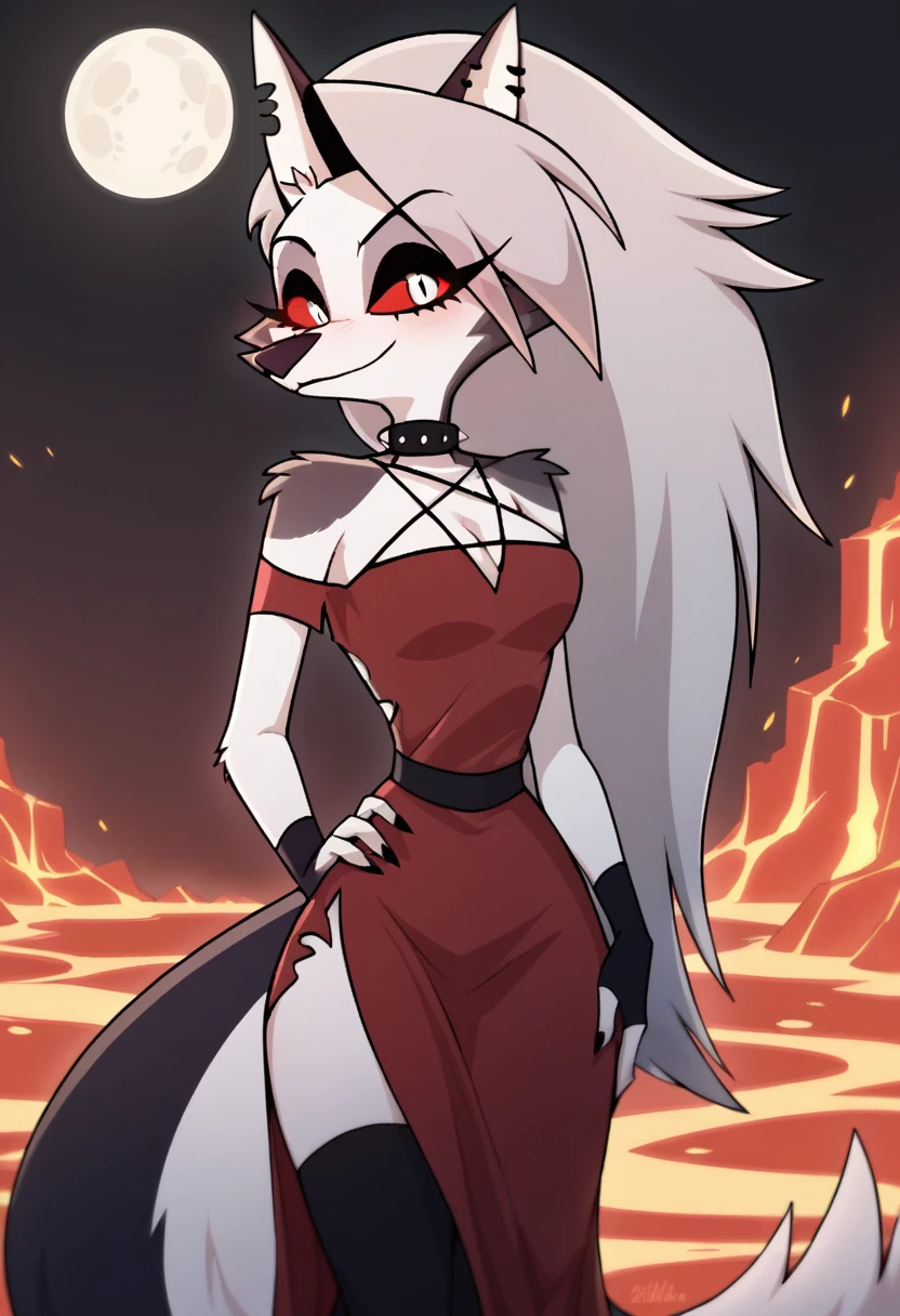 score_9, score_8_up, BREAK, source_anime, (1girl, solo), uncensored, perfect body, slim, thigh highs, fingerless gloves,
anthro, furry, pose, cleavage, blush, evil smirk, hell, lava, burning, buildings in background, full moon, sexy pose, sexy red gown
Loona \(Helluva Boss\),