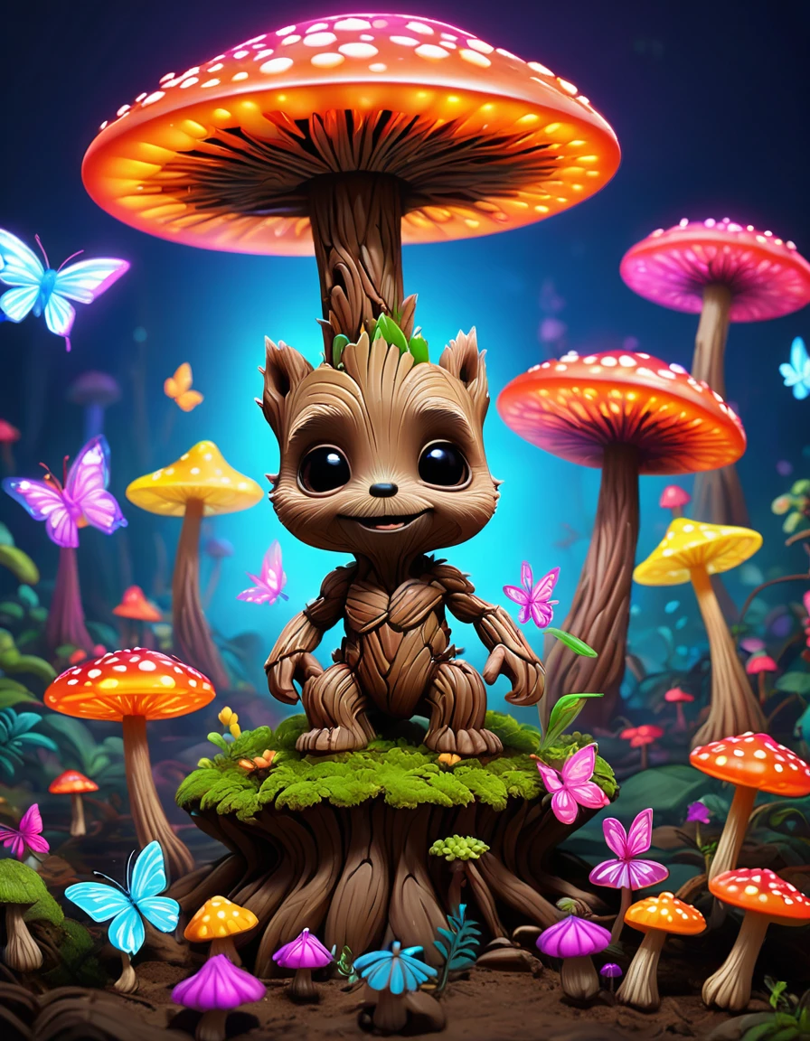 Mini Groot with charming neon glowing mushrooms and colorful butterflies and pixar rendering