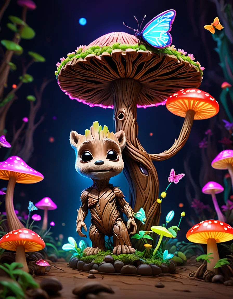 Mini Groot with charming neon glowing mushrooms and colorful butterflies and pixar rendering