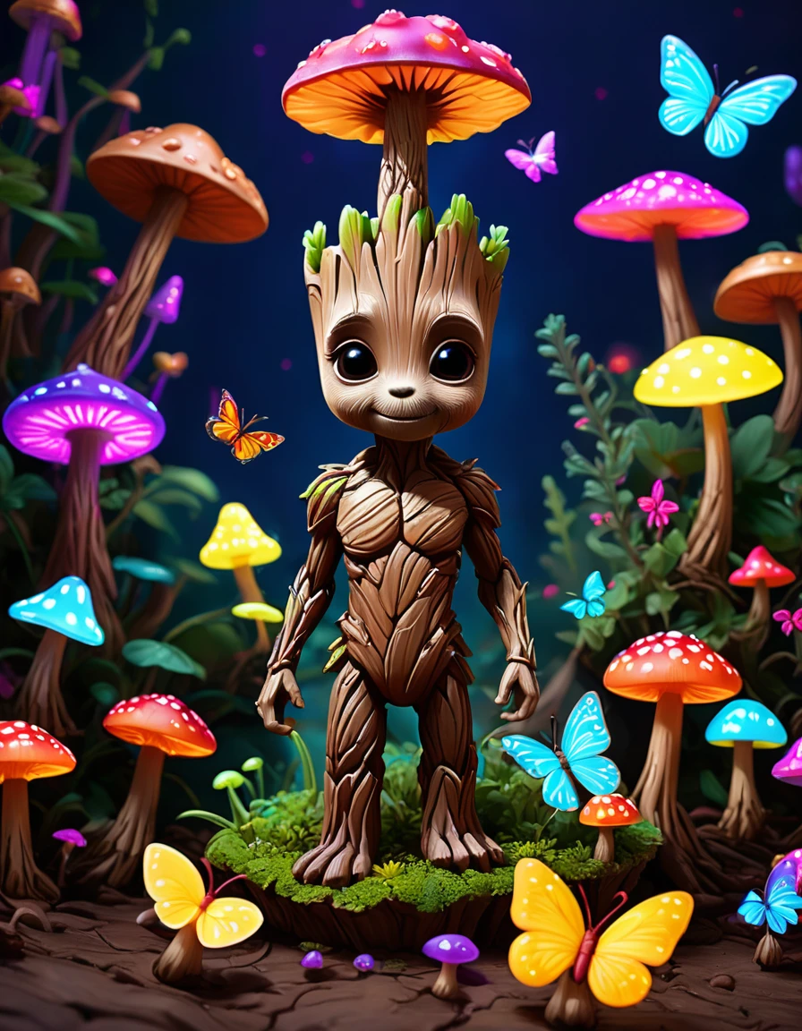 Mini Groot with charming neon glowing mushrooms and colorful butterflies and pixar rendering