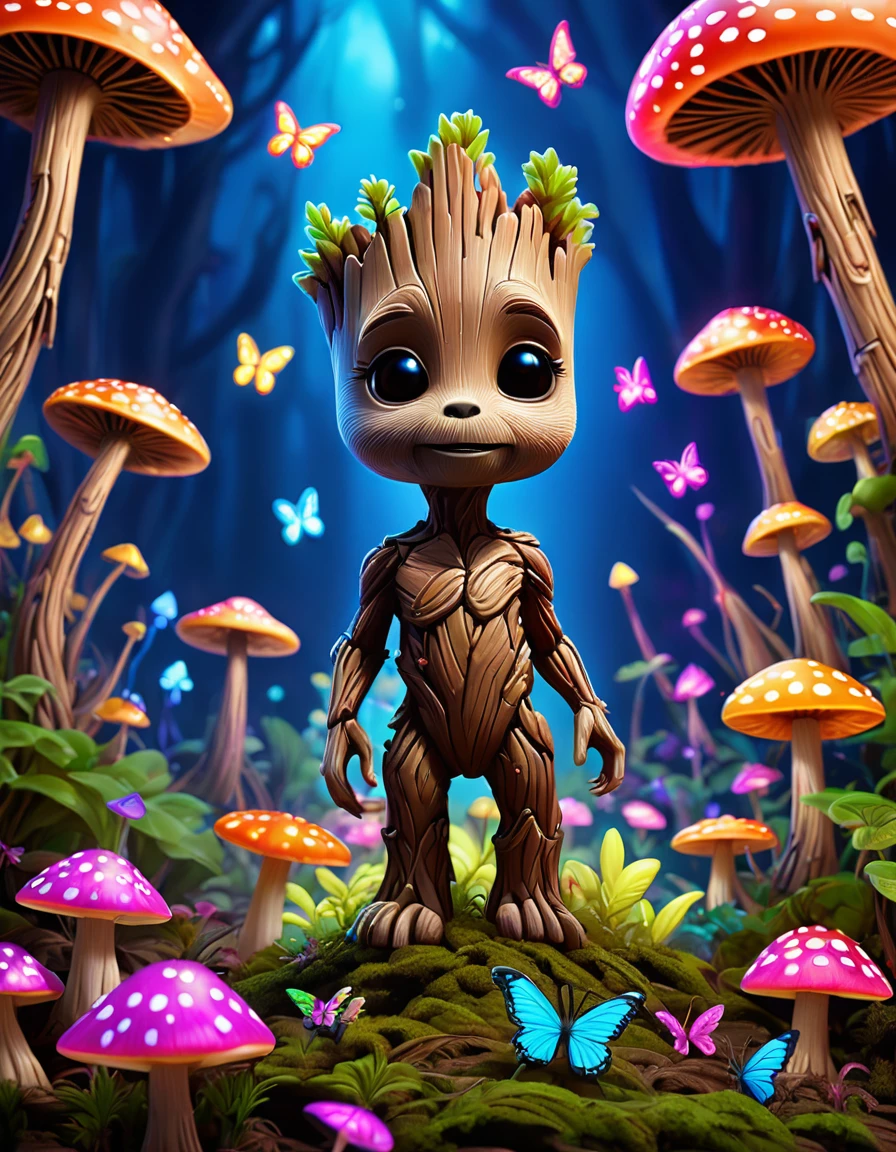 Mini Groot with charming neon glowing mushrooms and colorful butterflies and pixar rendering