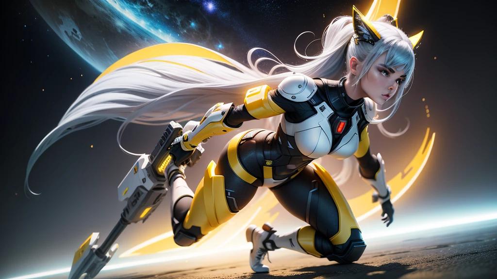 A futuristic warrior woman walks across the strange white and yellow planet in the darkness of the universe, full body sexy high definition, Studio Photo Lighting, Gray glitter detail, 。.。.3d, 4D, realistic styling, film effect, com raios, energetic atmosphere, Plasma Details