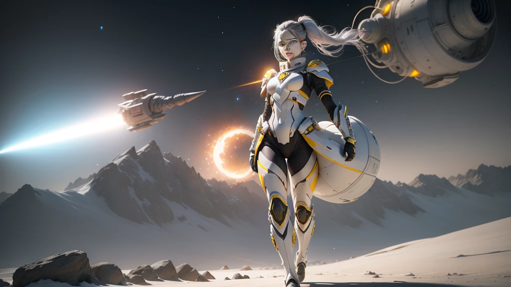 A futuristic warrior woman walks across the strange white and yellow planet in the darkness of the universe, full body sexy high definition, Studio Photo Lighting, Gray glitter detail, 。.。.3d, 4D, realistic styling, film effect, com raios, energetic atmosphere, Plasma Details