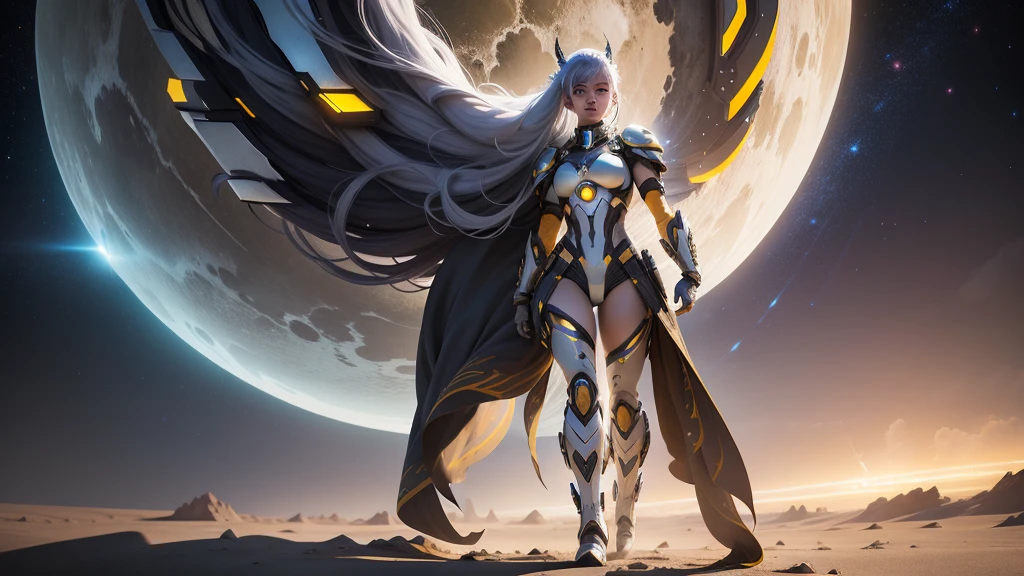 A futuristic warrior woman walks across the strange white and yellow planet in the darkness of the universe, full body sexy high definition, Studio Photo Lighting, Gray glitter detail, 。.。.3d, 4D, realistic styling, film effect, com raios, energetic atmosphere, Plasma Details