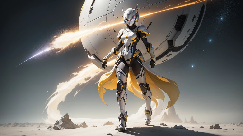 A futuristic warrior woman walks across the strange white and yellow planet in the darkness of the universe, full body sexy high definition, Studio Photo Lighting, Gray glitter detail, 。.。.3d, 4D, realistic styling, film effect, com raios, energetic atmosphere, Plasma Details