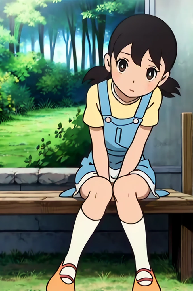 anime girl sitting on a bench with her legs crossed, remodernism, a painting, by Tetsugoro Yorozu, wearing a overalls, overalls, japanese light novel cover, realistic anime style at pixiv, wearing overalls