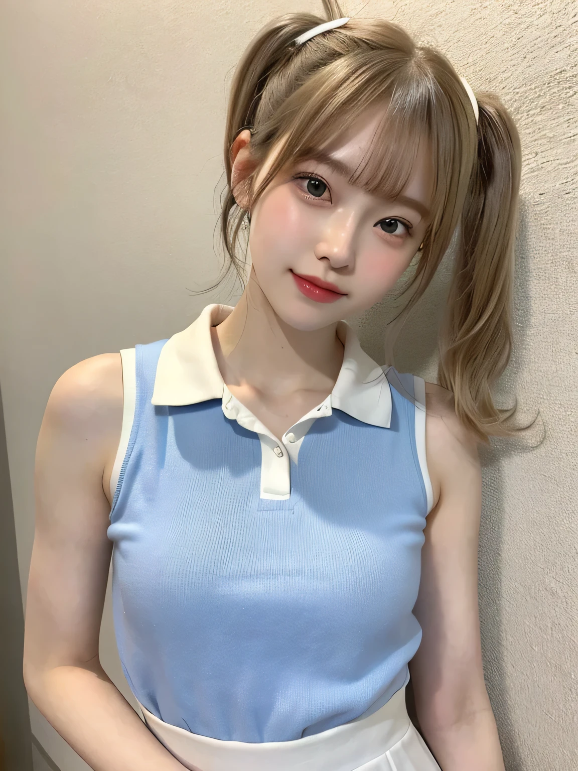 One person、17 years old、Full body photo,slender、woman、White drool coming out of the mouth、smile、、Blonde、Short Twin Tails、 Fair skin, messy hair, super cute、Soft and Face、8K resolution、Surreal、Ultra high definition、 A-cup small breasts((Highest resolution、8K、masterpiece:1.3))、Ultra-fine face、Ultra Fine Lips、Beautiful Eyes、double eyelid,Light blue wall、Sleeveless red polo shirt、White Skirt、Thighs、thin,Thighsが見える、Shapely small breasts、sexy、So cute!