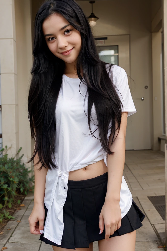 school girl with long black hair and red eyes and a sweet smile