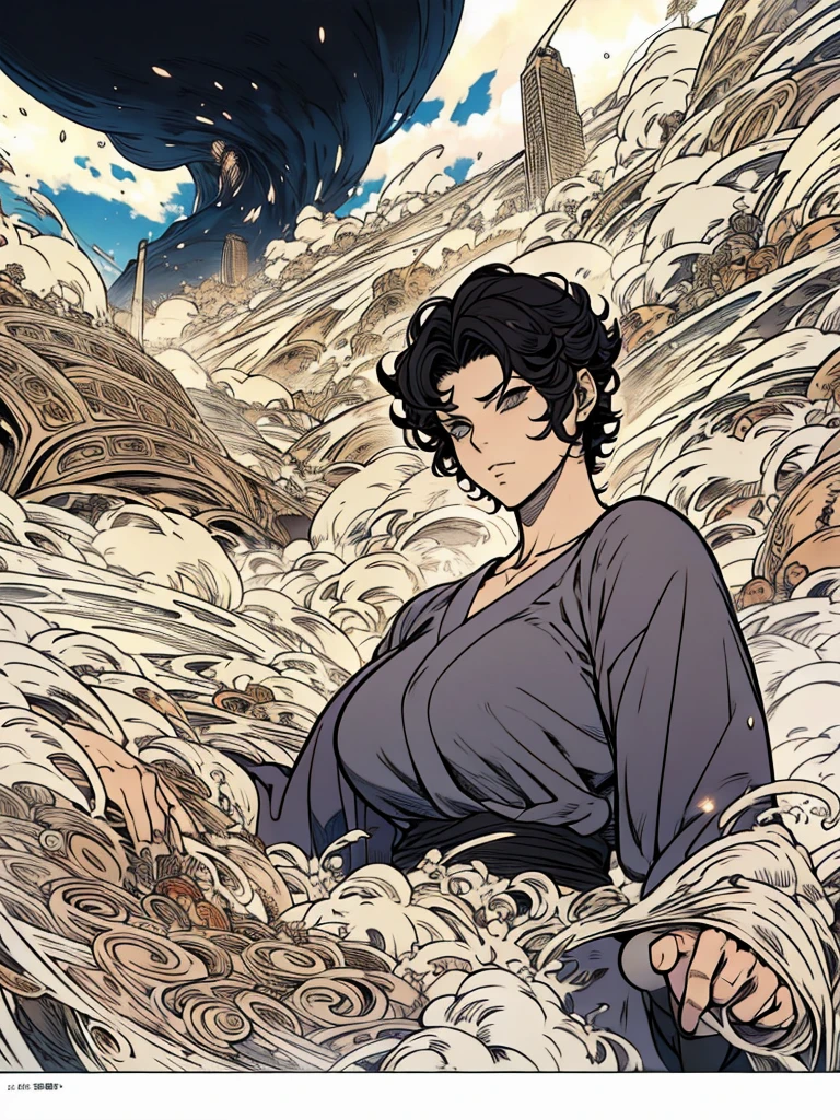 a woman with short curly hair, she is being consumed by a black cloud, manga page, allgreat style, takeshi obata style