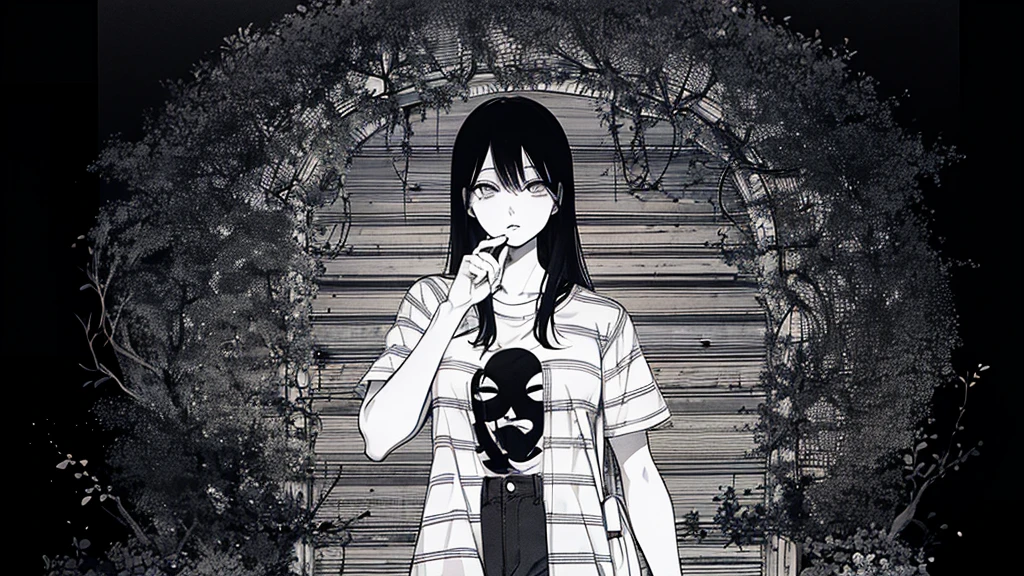 Cartoon of a woman with long, side-parted hair in a plaid shirt and sexy short jeans mini-pants standing in front of a black background, It's Junji's style, Black and white manga panel, This is a delicate Junji, Inspired by Junji Ito, Black and white manga style, This is Junji's art style, It's Junji's style, Black and white illustration, Junji's undertones, Black and white manga page