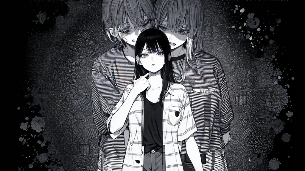 Cartoon of a woman with long, side-parted hair in a plaid shirt and sexy short jeans mini-pants standing in front of a black background, It's Junji's style, Black and white manga panel, This is a delicate Junji, Inspired by Junji Ito, Black and white manga style, This is Junji's art style, It's Junji's style, Black and white illustration, Junji's undertones, Black and white manga page
