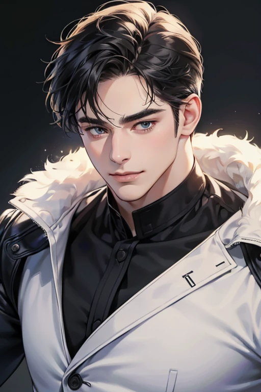(best quality,4k,8k,highres,masterpiece:1.2),ultra-detailed,(realistic,photorealistic,photo-realistic:1.37),30 year old man,3 day beard,handsome anime,portraits,strong,masculine,dark hair,sharp jawline,mesmerizing eyes,perfectly styled hair,cool anime outfit,confident expression,vibrant colors,dynamic lighting, CEO and expression smile in love.