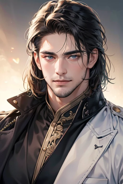 (best quality,4k,8k,highres,masterpiece:1.2),ultra-detailed,(realistic,photorealistic,photo-realistic:1.37),30 year old man,3 day beard,handsome anime,portraits,strong,masculine,dark hair,sharp jawline,mesmerizing eyes,perfectly styled hair,cool anime outfit,confident expression,vibrant colors,dynamic lighting, CEO and expression smile in love.